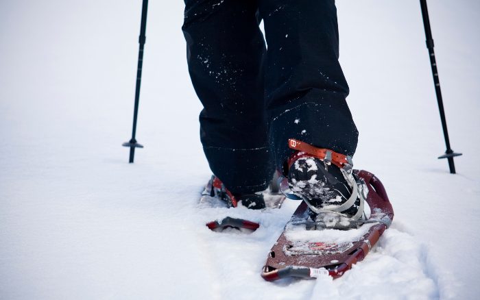 Schneeschuhwanderin bis zur Hüfte stecken geblieben