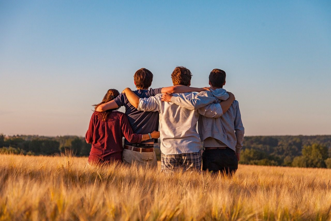 young people, group, friends, friendship, together, summer, landscape, field, outdoors, youth, support, gang, nature, teens, friendship day