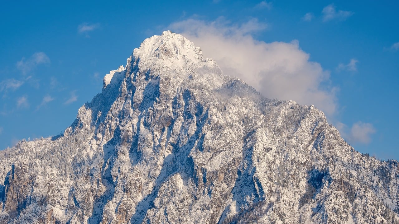mountain, peak, clouds